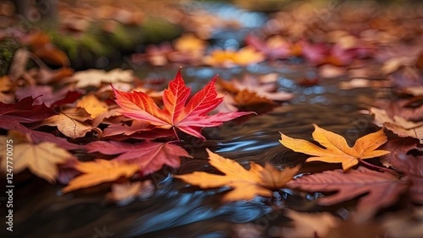 Fototapeta A swirling pattern of vibrant autumn leaves in shades of red and orange,