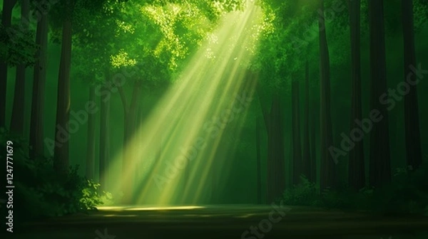 Fototapeta Sunlight streaming through a lush green forest, illuminating a serene path in a tranquil setting