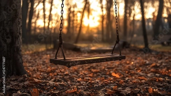Fototapeta Empty Swing – Nostalgic Autumn Scene for Childhood Memory & Poetic Content