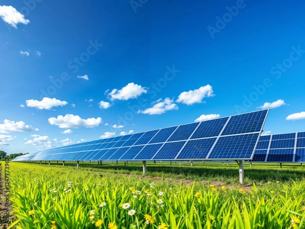 Obraz Solar panels generate clean energy in a green field under a blue sky with white clouds