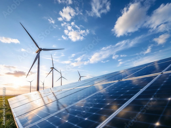 Obraz Wind turbines and solar panels generate clean power under a cloudy blue sky for sustainability