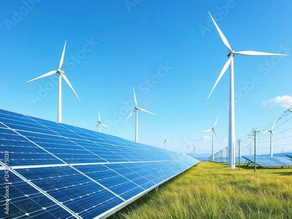 Fototapeta Solar panels windmills generate renewable energy in a green grassy field against a clear blue sky