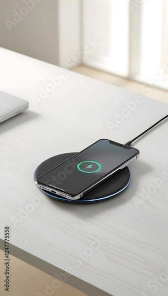 Fototapeta A modern wireless charger with a smartphone resting on it, placed on a minimalist desk with a blurred background and breathing space   5