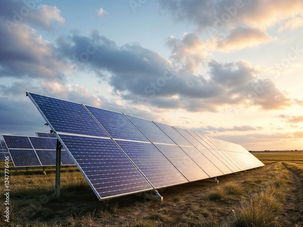 Obraz Solar panels generate clean energy under a partly cloudy sky at dusk in a field
