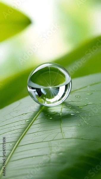 Fototapeta A single crystal-clear droplet of water resting on a green leaf, with a blurred natural background and breathing space11