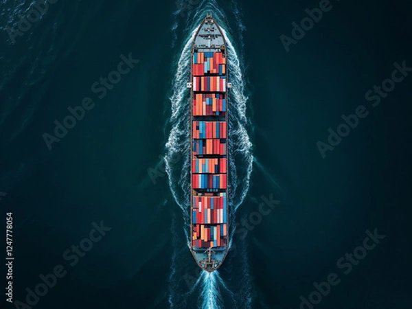 Obraz Cargo ship transports containers across the ocean waters creating white wakes shipping industry and global trade concept