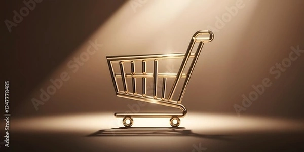 Fototapeta A sophisticated online marketplace icon with a shopping cart designed from golden geometric lines, accented by soft glowing highlights to symbolize elegance and quality13