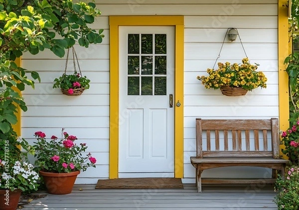Obraz Front door of a house with a wooden bench and flower pots on the porch, on a sunny day
