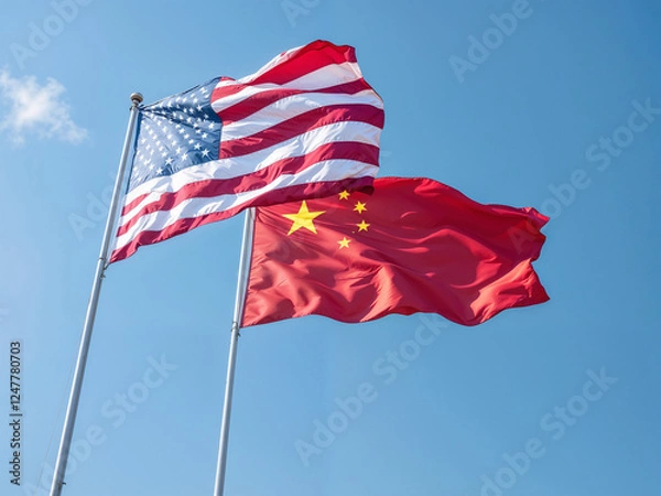 Obraz US China flags wave symbolizing international relations against a clear blue sky representing diplomacy
