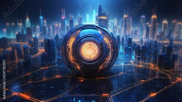 Fototapeta A digital futuristic representation of cybersecurity showcasing a black padlock at the center