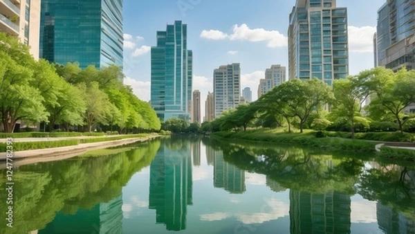 Fototapeta A low-angle view of tall, reflective glass skyscrapers framing a vibrant green tree