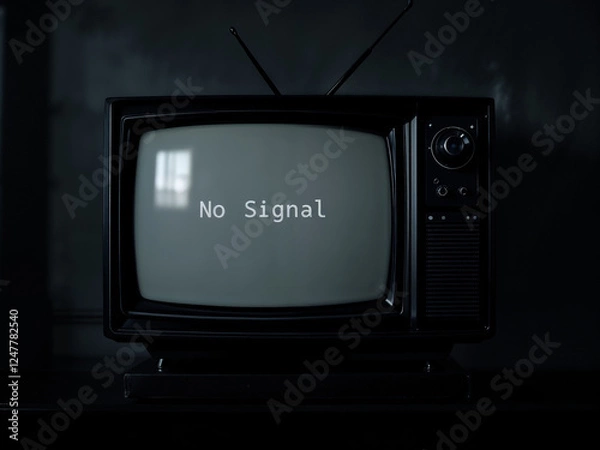 Obraz Vintage TV displays no signal on screen in dark room suggesting technology issues or obsolescence