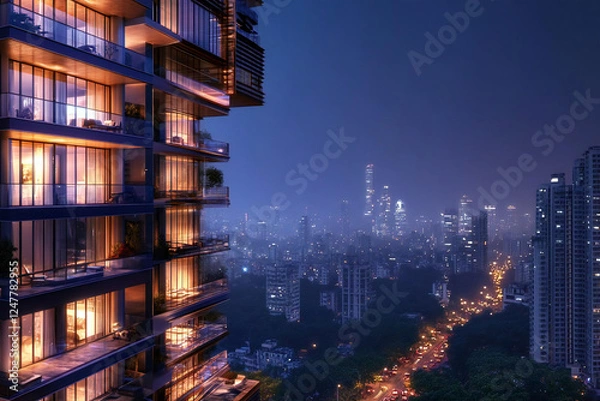 Obraz 夜の都市 - 未来的な高層ビルと車の光跡