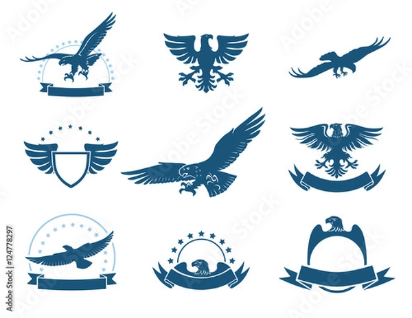 Fototapeta Set of black and white eagles silhouettes