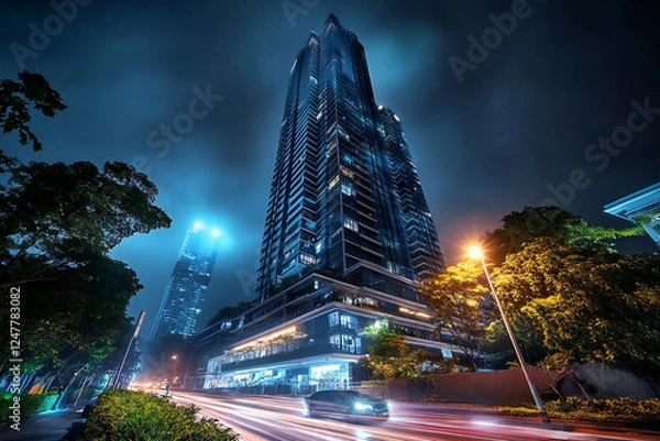 Obraz 夜の都市 - 未来的な高層ビルと車の光跡