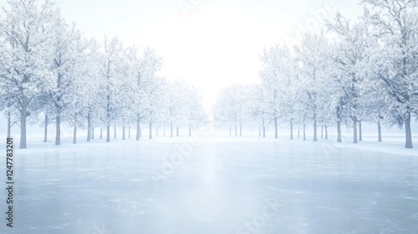 Obraz Serene winter landscape: snow-covered trees line a frozen path, bathed in soft, diffused light. A tranquil, peaceful scene.