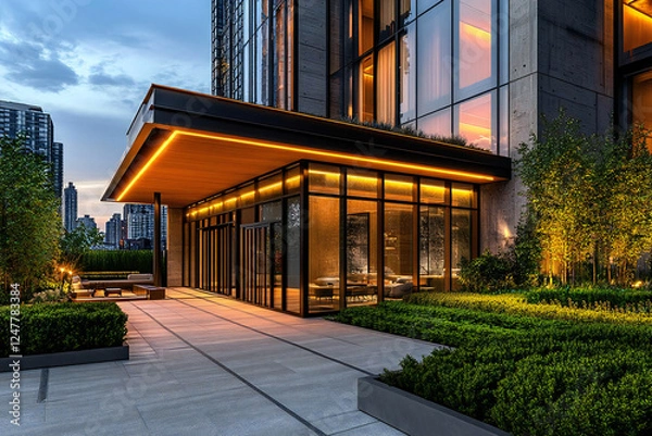 Obraz 夜の都市 - 未来的な高層ビルと車の光跡