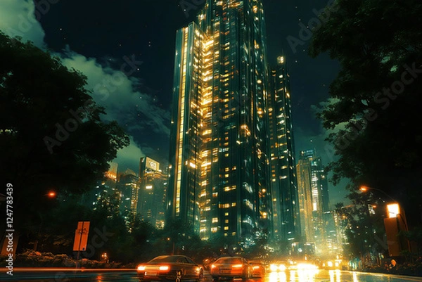 Obraz 夜の都市 - 未来的な高層ビルと車の光跡