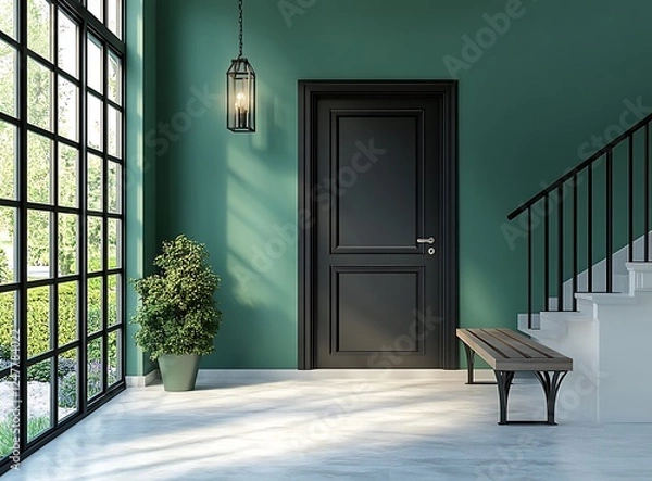 Obraz Front door with a bench and a potted plant on the side, a green wall behind it, stairs leading to the main floor, a simple modern design style, a front view of 