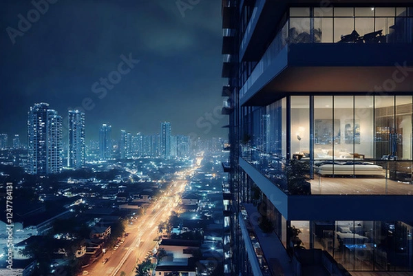 Obraz 夜の都市 - 未来的な高層ビルと車の光跡