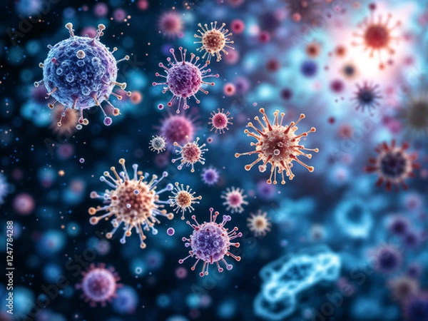 Fototapeta Viruses floating amidst a blue and purple abstract backdrop represent infection spread and cellular impact