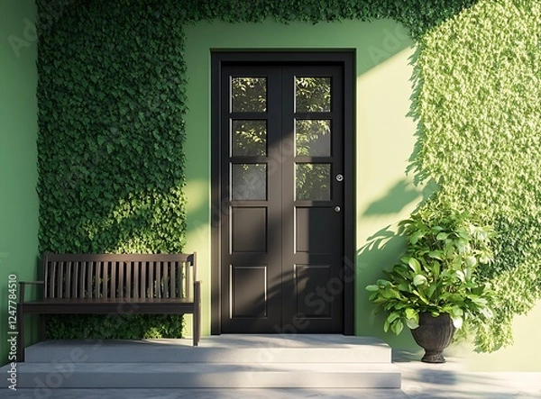 Obraz Front door with a bench and a potted plant on the side, a green wall behind it, stairs leading to the main floor, a simple modern design style, a front view of 