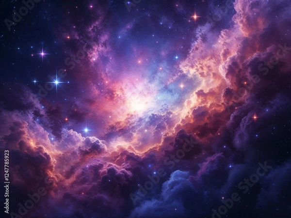 Obraz Vibrant nebula glows with celestial light amidst cosmic clouds and twinkling stars in space