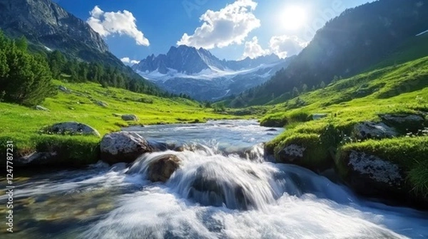 Obraz Scenic mountain stream cascading through alpine meadow under a clear sky.  Possible use Stock photo for travel, nature, and environmental themes