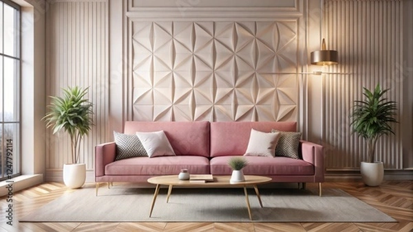 Obraz Modern Living Room with Pink Sofa and Minimalist Decor, geometric patterns