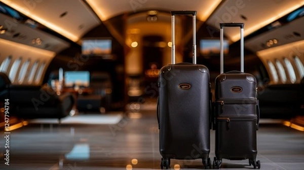 Obraz Luxury Travel: Two sleek black suitcases stand in the luxurious interior of a private jet, their sleek design reflecting the opulence and comfort of the surroundings.