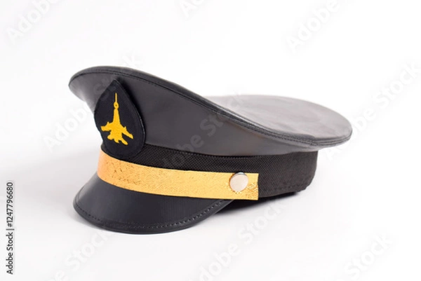 Fototapeta Airline pilot cap with gold emblem, isolated on a white background