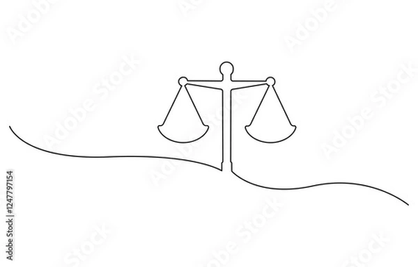 Fototapeta Continuous one line drawing of judicial scales law. Libra symbol simple outline illustration, Minimalist illustration of a weight scale made of one continuous line.