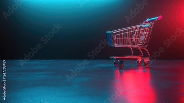 Fototapeta Empty shopping cart on reflective surface with neon blue and red lighting.
