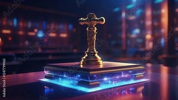 Fototapeta A judge's gavel is placed on a digitally rendered surface with glowing circuitry and binary code