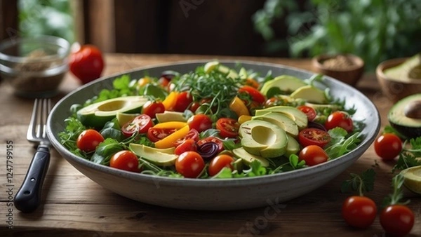 Fototapeta Two hands holding a bowl filled with a fresh salad consisting of avocado slices
