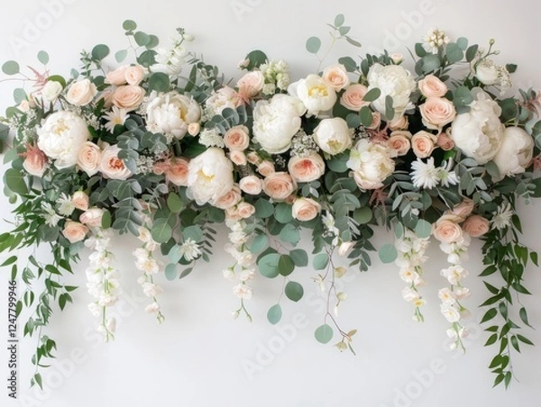 Obraz Floral Garland for Wedding: A romantic and elegant floral garland cascades down, bursting with a symphony of blush pink and ivory roses, delicate white blooms, and lush greenery.