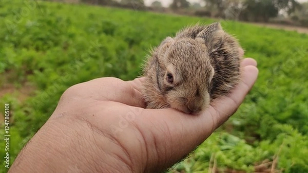 Fototapeta Baby rabbit in the hand, close up view