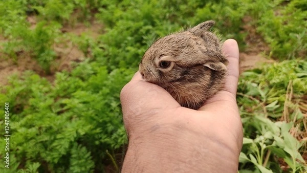 Fototapeta small rabbit in the hands, baby rabbit in the hand