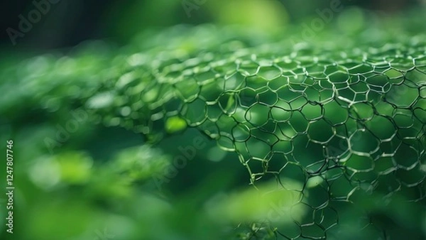 Fototapeta A close-up of a green, honeycomb-patterned, ribbon-like structure amidst a lush