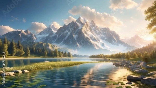 Fototapeta Golden Mountain Landscape with a Moonlit River and Trees in 3D Paper Art Style
