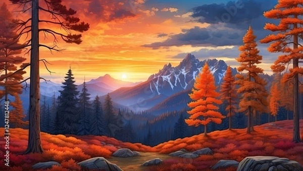 Fototapeta "Dynamic Artwork Showcasing a Forest Fire with Radiant Sunlight and Lush Foliage, Highlighting Nature’s Resilience"