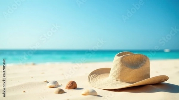 Fototapeta Serene Coastal Scene Straw Hat and Seashells on Pristine Sand Beach Under a Clear Sky