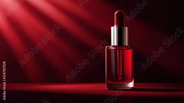 Fototapeta Elegant Red Serum Bottle with Dropper on Dark Background