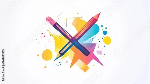 Obraz 74.A vibrant vector design featuring a gradient line icon of a brush crossed with a pencil, encircled by colorful geometric shapes on a clean white background.