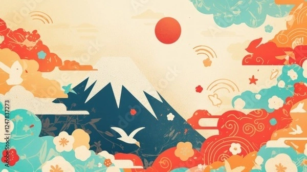 Fototapeta Whimsical rendition of a Japanese landscape with Mount Fuji and motifs
