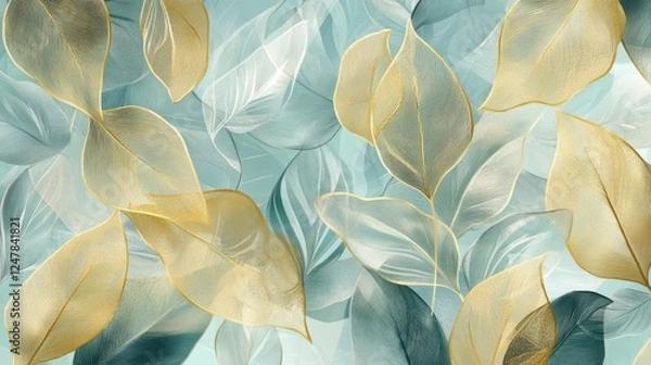 Fototapeta 16121056 47 47.A detailed, elegant line art pattern of golden leaves, carefully drawn with smooth curves, layered over a soft blue and green background, making it ideal for high-end interior design
