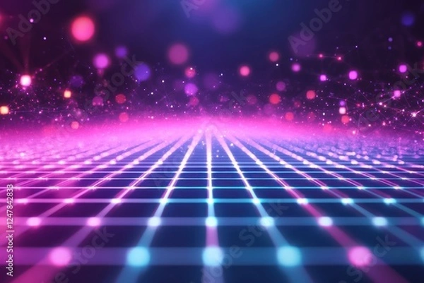 Obraz Futuristic grid glowing neon lights abstract background