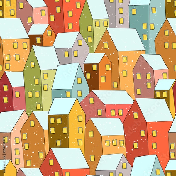 Fototapeta Seamless vector pattern. Winter city a day in the snow. Houses can be used to make wrapping paper, background and scenery greeting cards.
