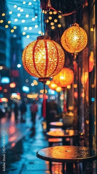 Obraz Illuminated lanterns hanging over a wet city street at night.