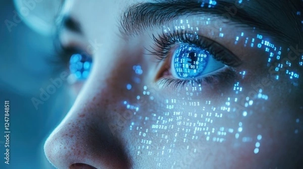 Fototapeta Futuristic Biometric Scanner Overlay A Person's Face with Binary Numbers, High-Tech Security, Digital Identity Verification, Advanced Facial Recognition, Next-Generation Authentication